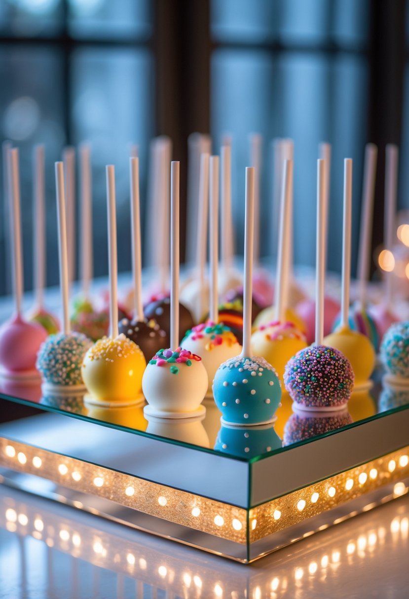 A display of colorful cake pops arranged on a mirror base lit by soft LED lights.