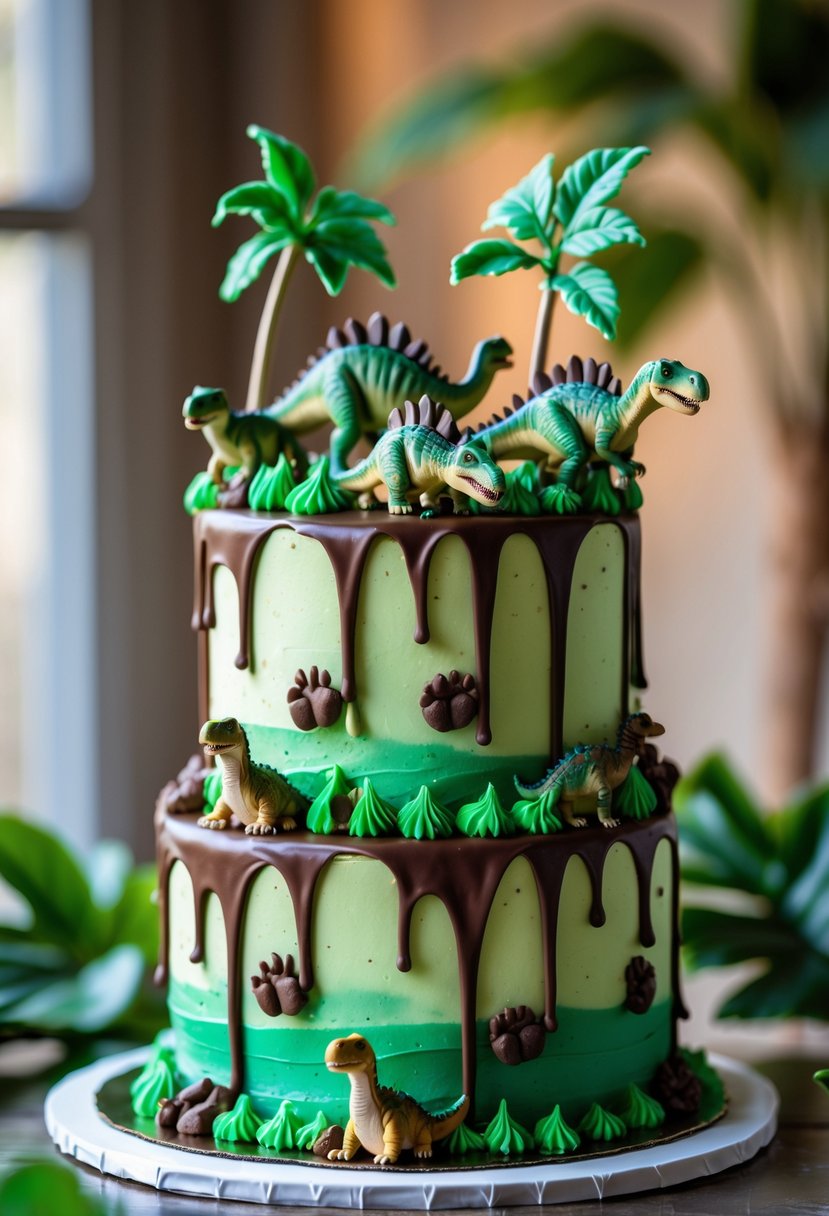 A multi-layered dinosaur footprint drip cake decorated with edible dinosaur footprints, small dinosaur figurines, and leafy decorations.