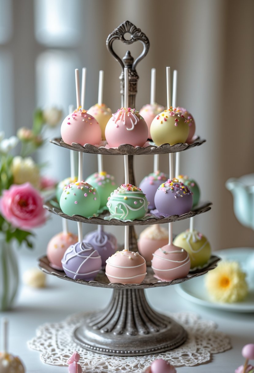 A vintage tea cup holder displaying multiple colorful cake pops on a bright table with flowers.