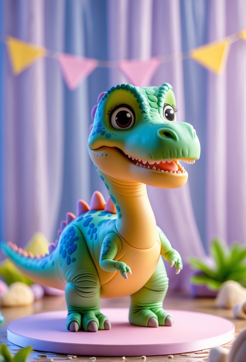 A smiling brontosaurus standing in a bright and cheerful setting.