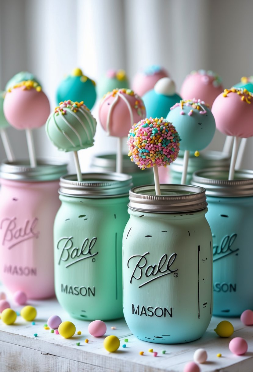 A cluster of painted mason jars holding colorful cake pops arranged on a white wooden surface.