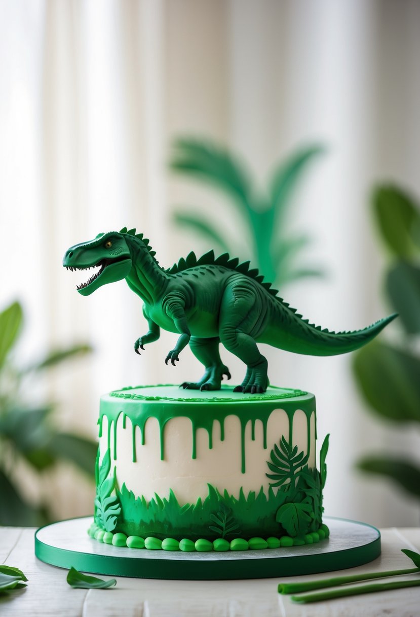 A cake shaped like a Velociraptor silhouette with green airbrushing decoration.