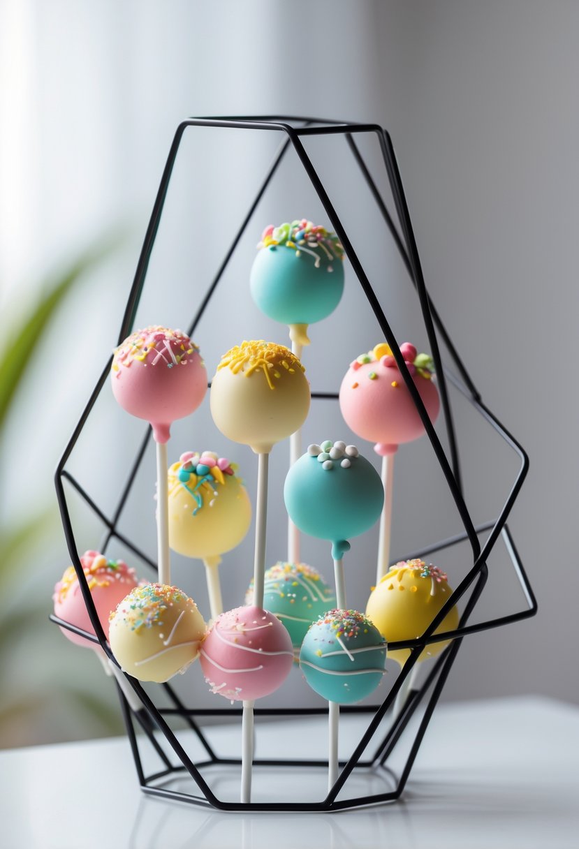 Colorful cake pops displayed on a modern geometric wireframe stand on a white surface.