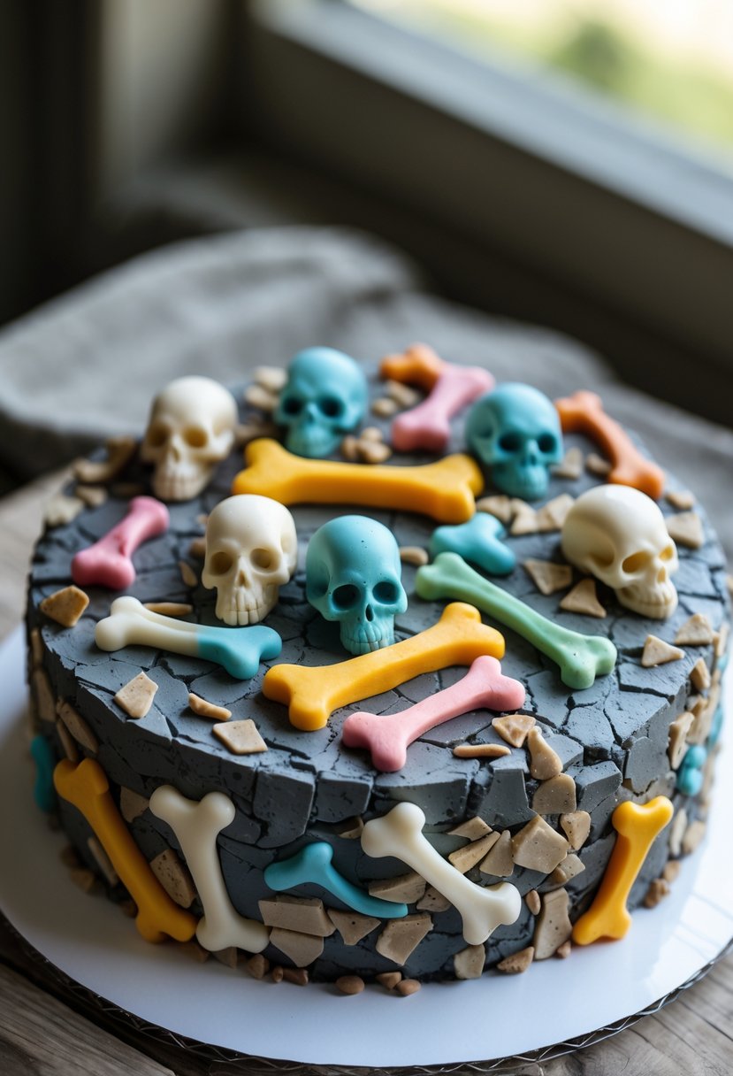 A round cake decorated to look like dinosaur fossils with colorful candy bones embedded in a textured surface resembling stone.