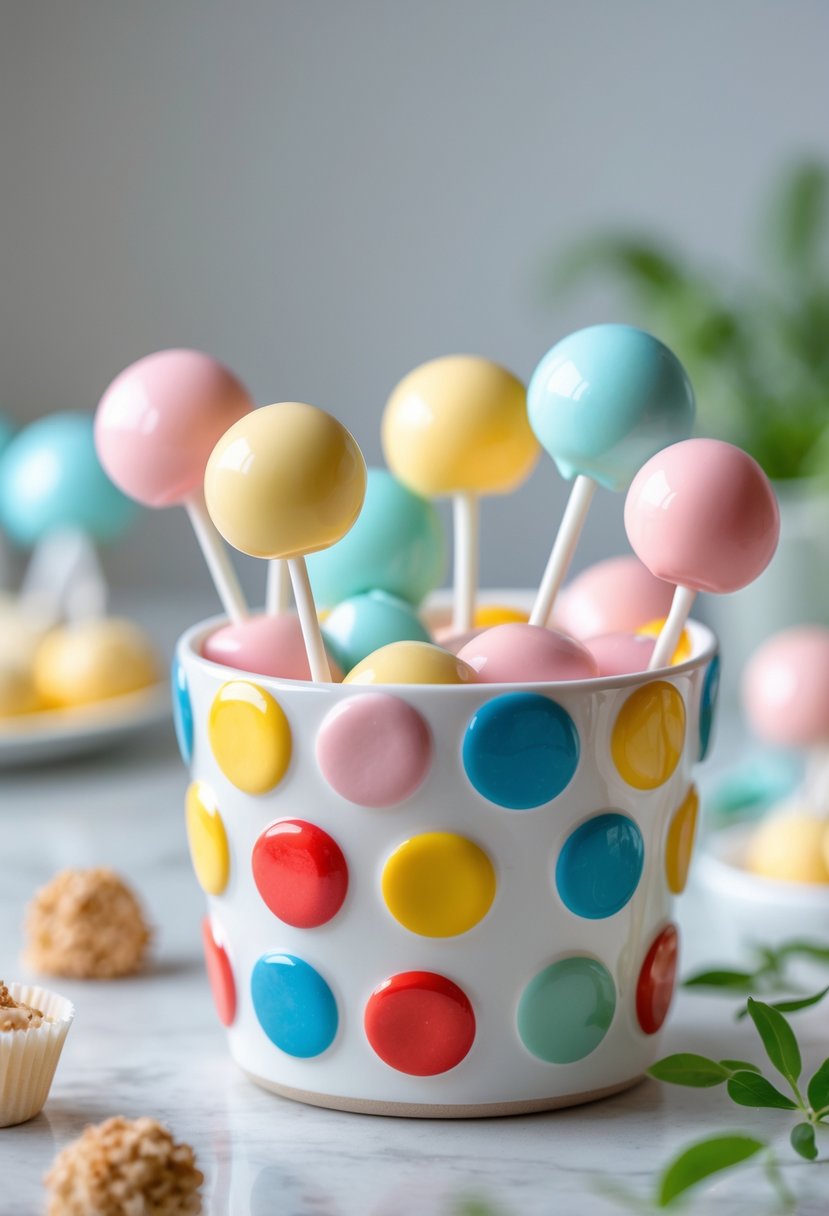 Polka dot ceramic cup holder filled with colorful cake pops arranged on white sticks.