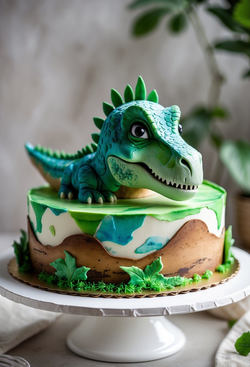 A colorful dinosaur-shaped cake decorated with edible paint on a white cake board.