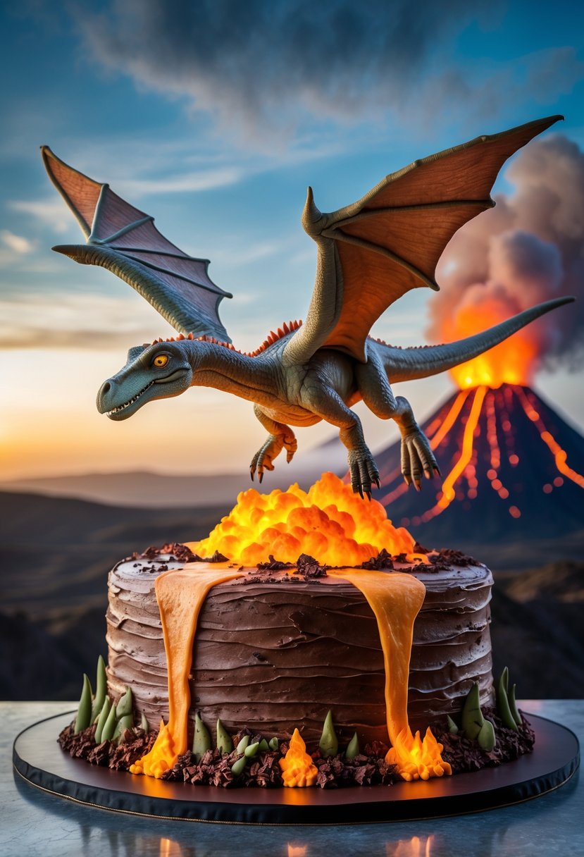 A 3D pterodactyl cake flying above an erupting volcano with lava and smoke.