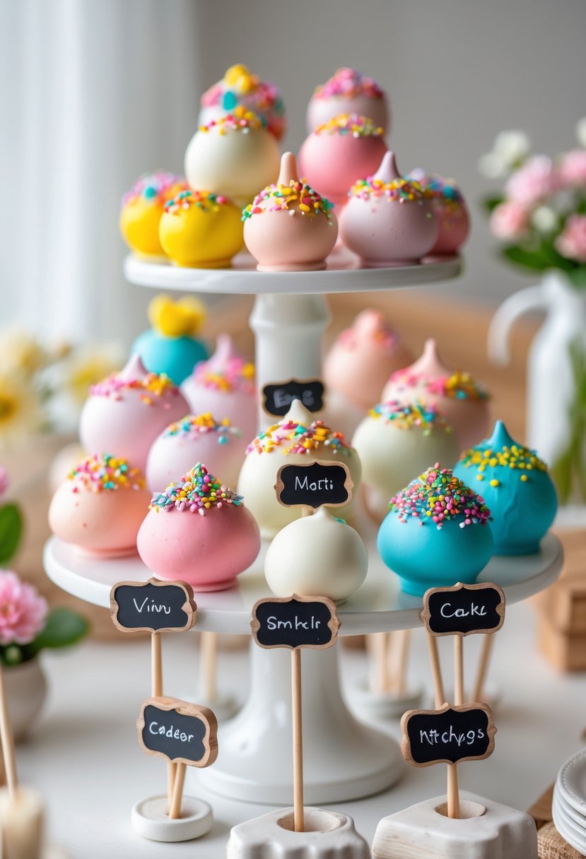 A dessert table with colorful cake pops arranged on white tiered stands and small mini chalkboard labels in front of each group.