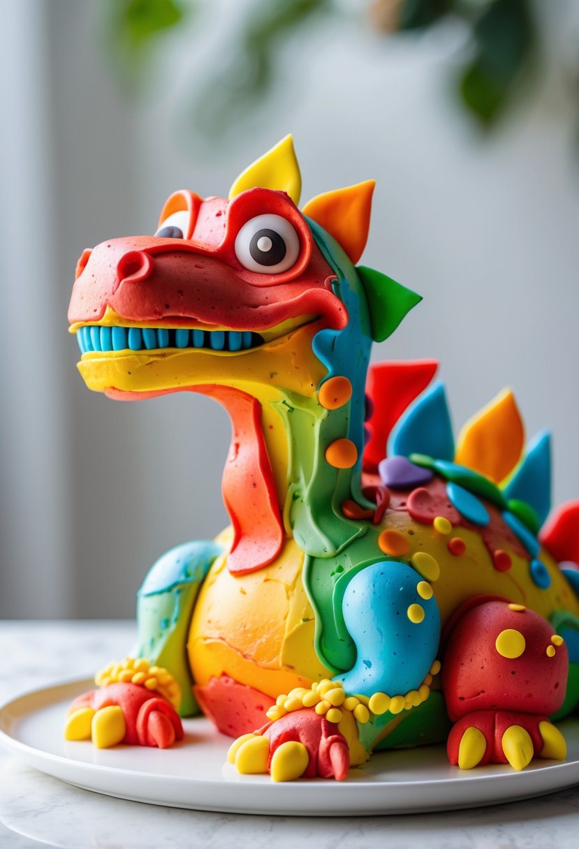 A colorful dinosaur-shaped cake with rainbow frosting displayed on a white plate.
