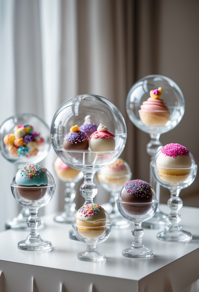 A display of colorful cake pops arranged on clear crystal ball stands on a white surface.