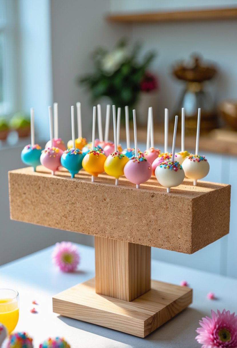 A cork board holder displaying colorful cake pops arranged neatly on a wooden stand in a bright kitchen setting.