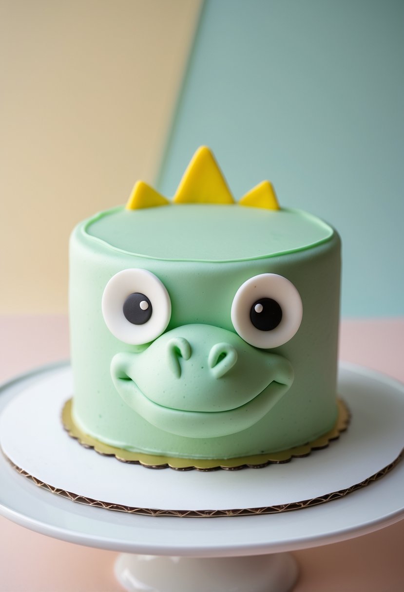 A simple dinosaur face cake with large fondant eyes on a white plate.
