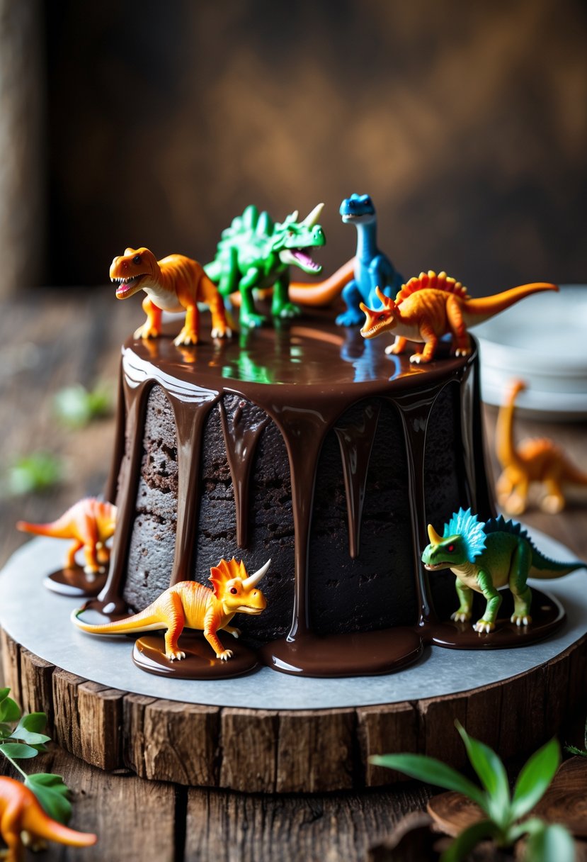 A chocolate volcano cake with flowing chocolate lava and small colorful dinosaur figurines placed around it on a wooden surface.