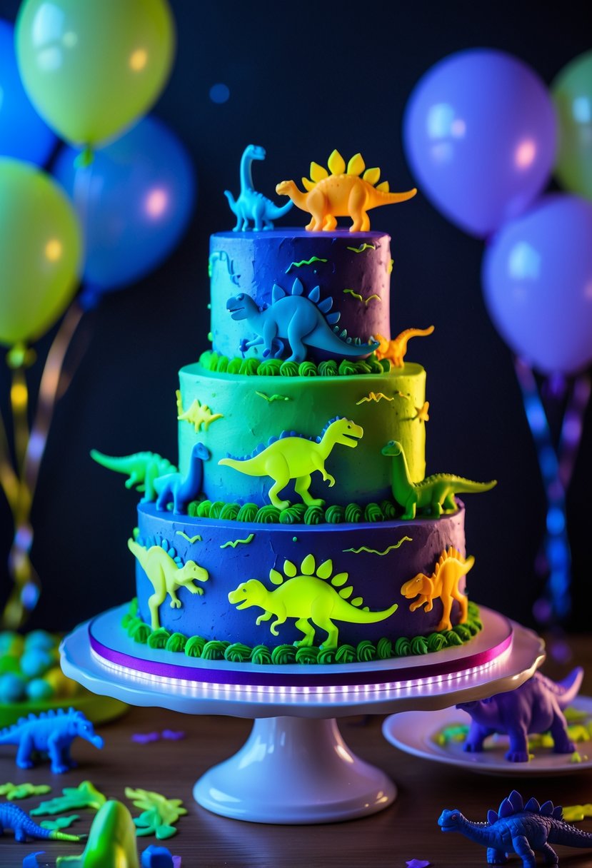 A multi-tiered dinosaur cake glowing with bright neon colors on a white stand against a dark background.