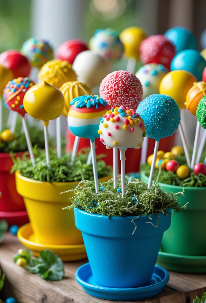Brightly painted flower pots filled with colorful cake pops arranged on sticks.