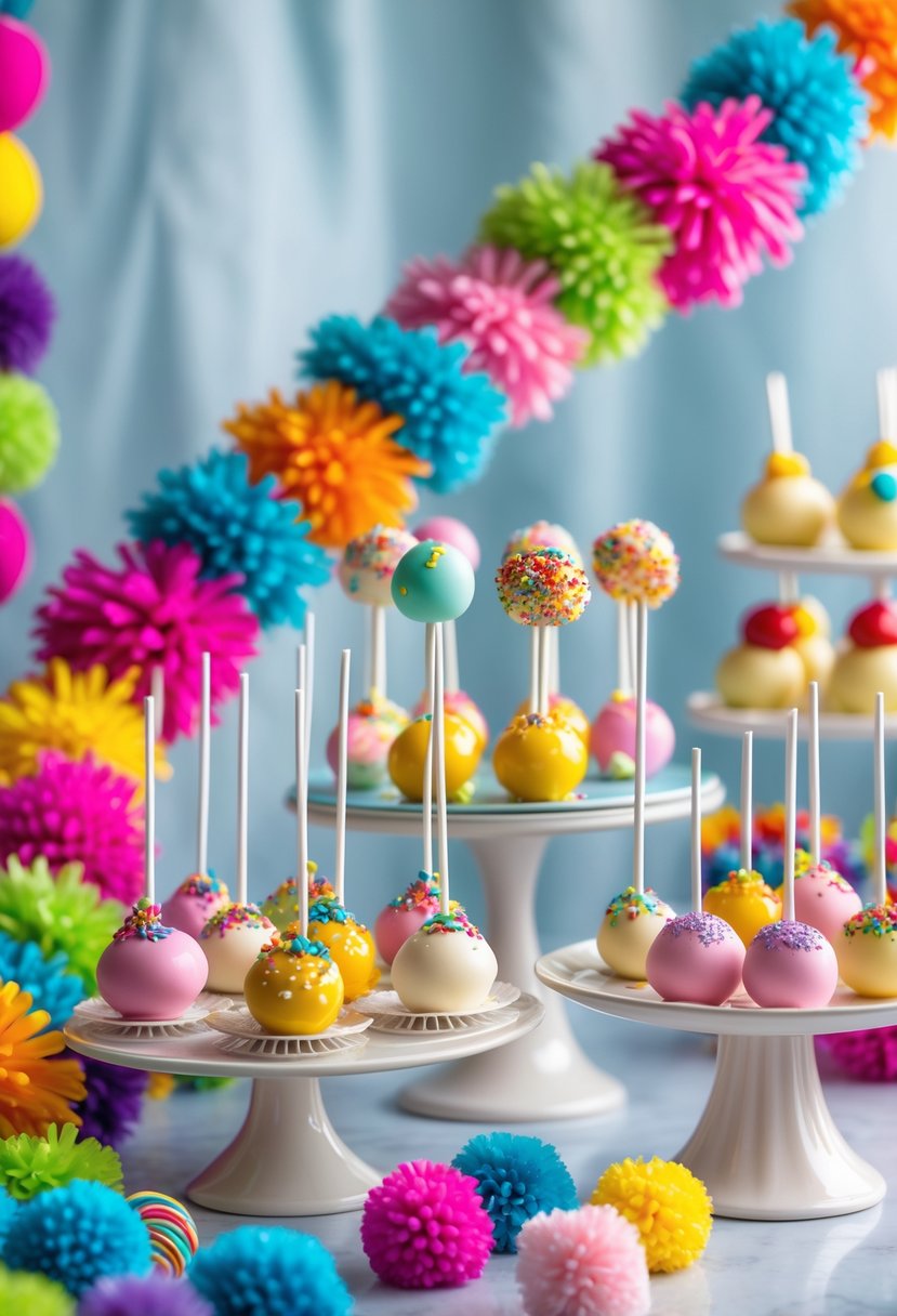 A colorful pom-pom garland surrounding multiple stands of decorated cake pops arranged on a table.