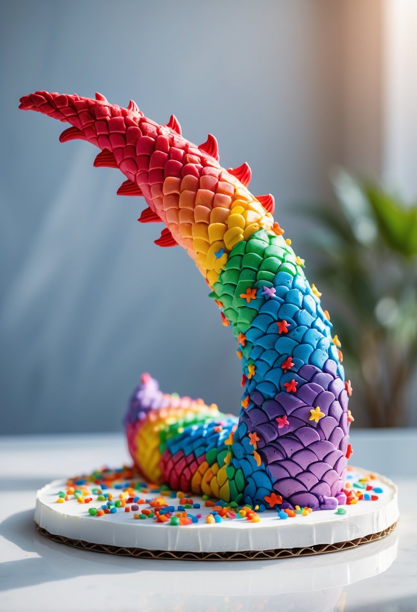 A colorful dinosaur tail cake decorated with rainbow sprinkles on a white surface.