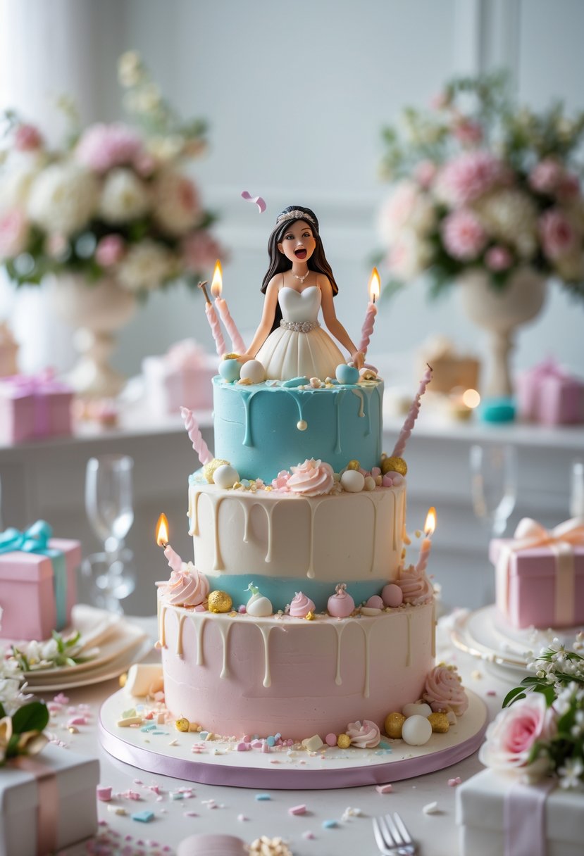 A decorated multi-tiered bridal shower cake with a stressed bride figurine and playful broken wedding decorations on a table surrounded by floral arrangements and bridal shower decorations.