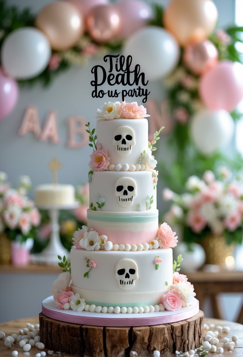 A multi-tiered bridal shower cake decorated with flowers and small skull designs on a wooden table in a festive setting.