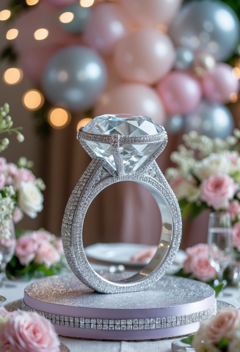 A large engagement ring-shaped cake on a decorated table at a bridal shower with balloons and flowers.