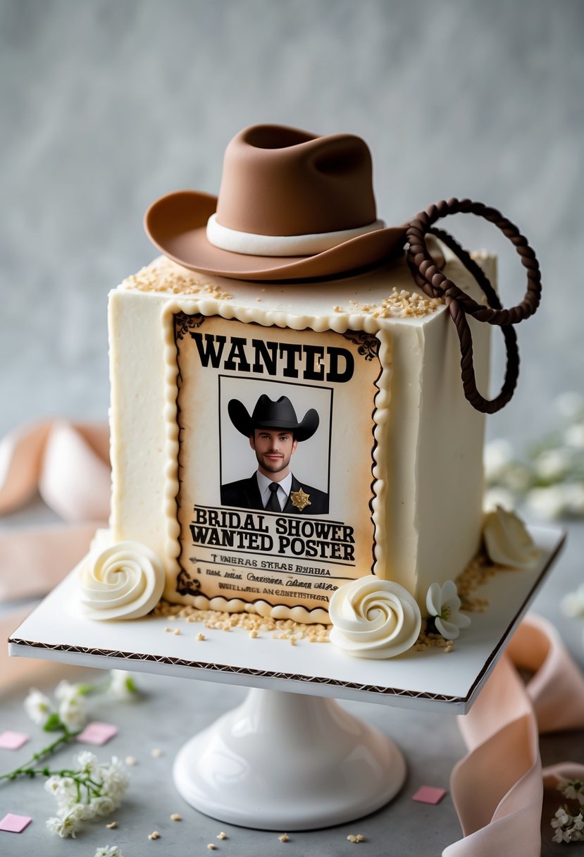 A decorated cake designed to look like a vintage wanted poster with wedding-themed edible decorations on a white cake stand surrounded by bridal shower decorations.