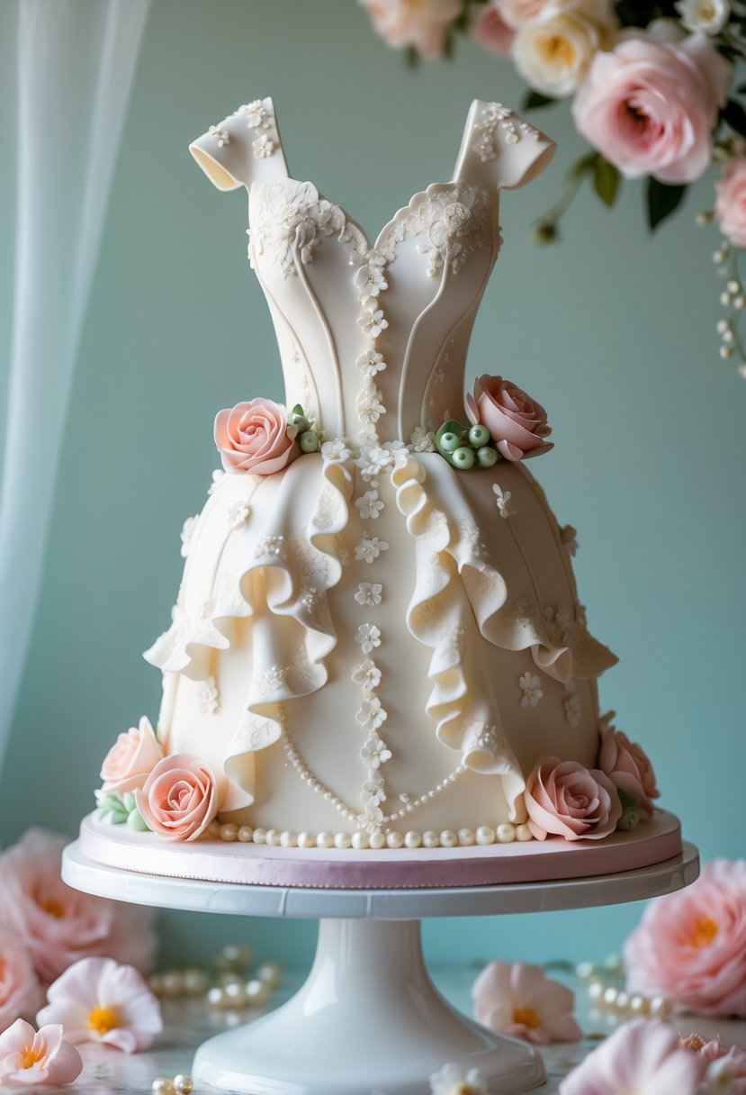 A wedding dress-shaped cake decorated with lace and floral details on a white cake stand surrounded by bridal shower decorations.