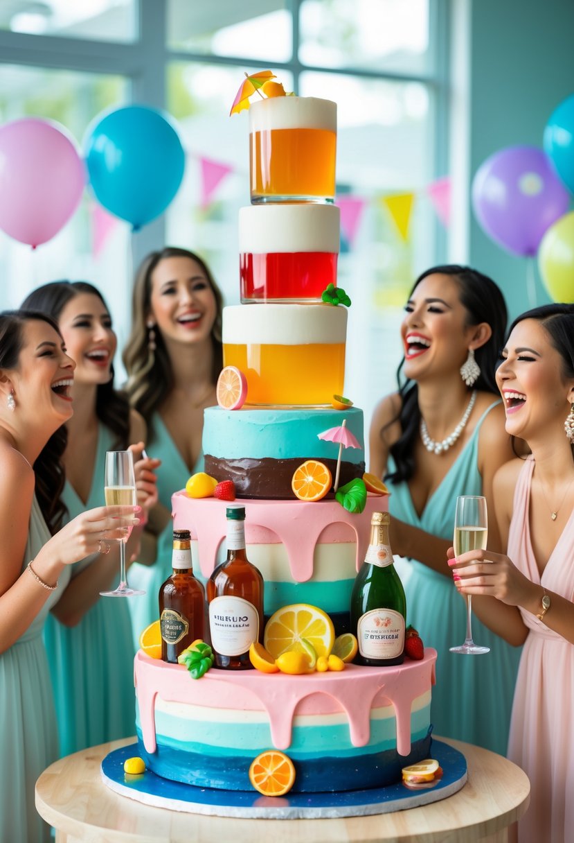 A group of bridesmaids laughing around a colorful bridal shower cake shaped like cocktail glasses and bottles in a decorated party room.