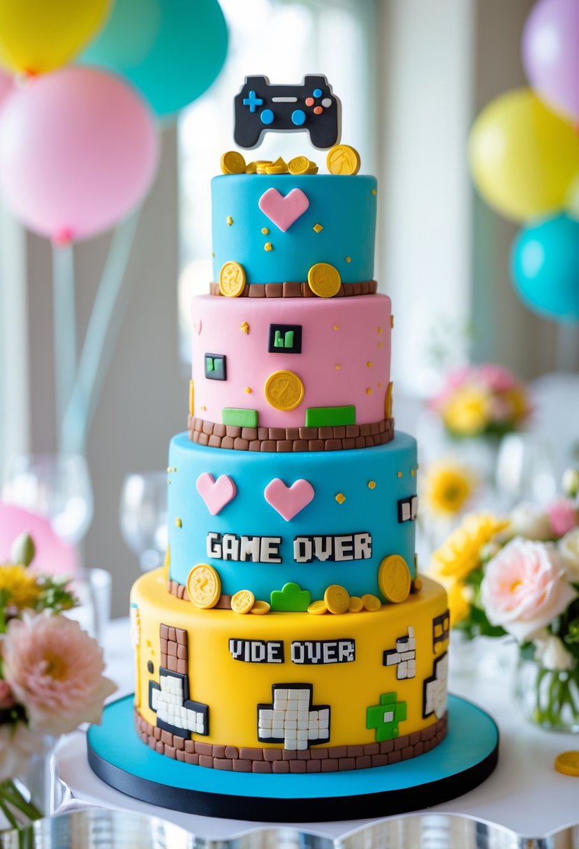 A multi-tiered bridal shower cake decorated with colorful pixelated video game elements and a game controller topper on a decorated table.