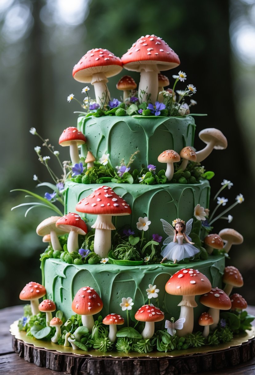 A multi-tiered cake decorated with edible toadstools, mushrooms, tiny flowers, and miniature fairy figurines.