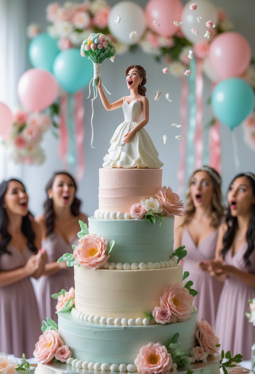 A bridal shower cake showing a bride figurine tossing a bouquet that flies unexpectedly, with bridesmaids reacting in surprise around the cake.