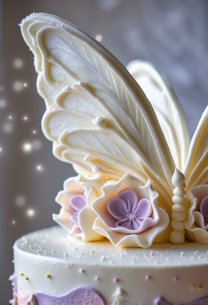 Close-up of a cake decorated with delicate buttercream fairy wings that have a petal-like texture.