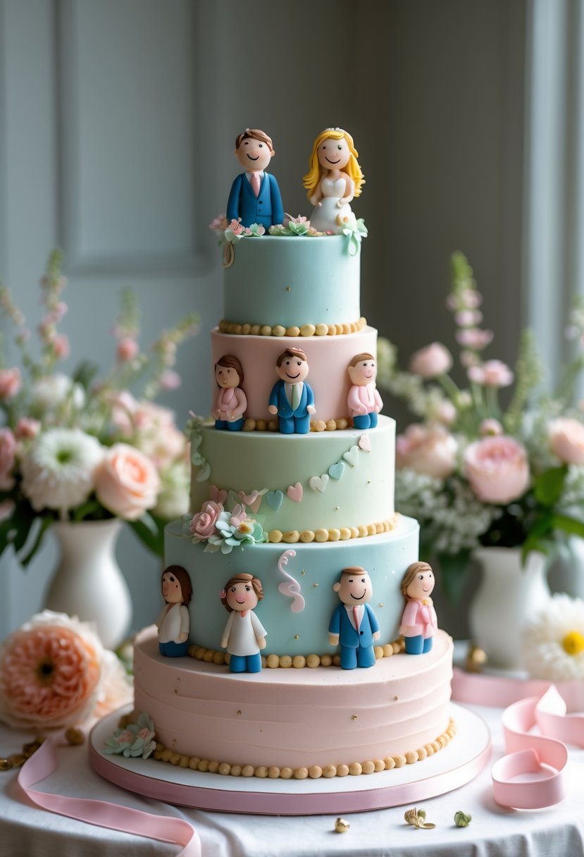 A multi-tiered bridal shower cake with playful figurines and floral decorations on a table.