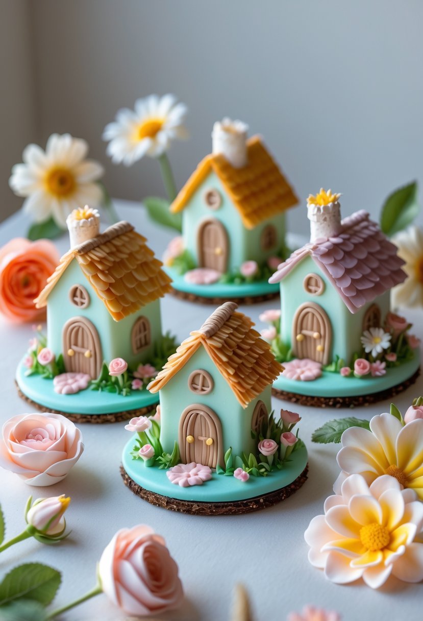 A collection of small fairy houses decorated with colorful sugar flowers arranged on a plain surface.