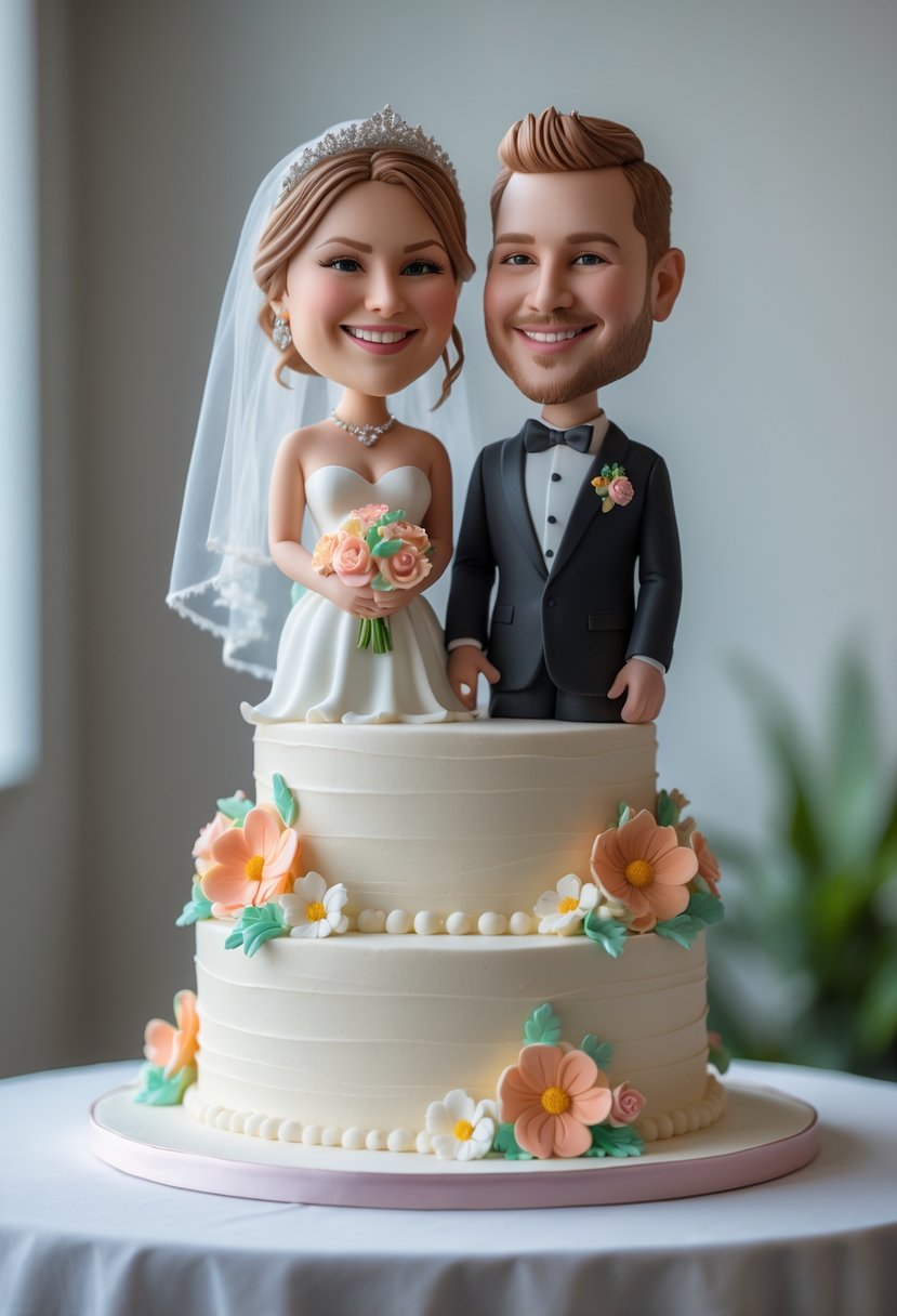 A multi-tiered cake with playful bride and groom figurines on top, decorated with pastel flowers on a white table.