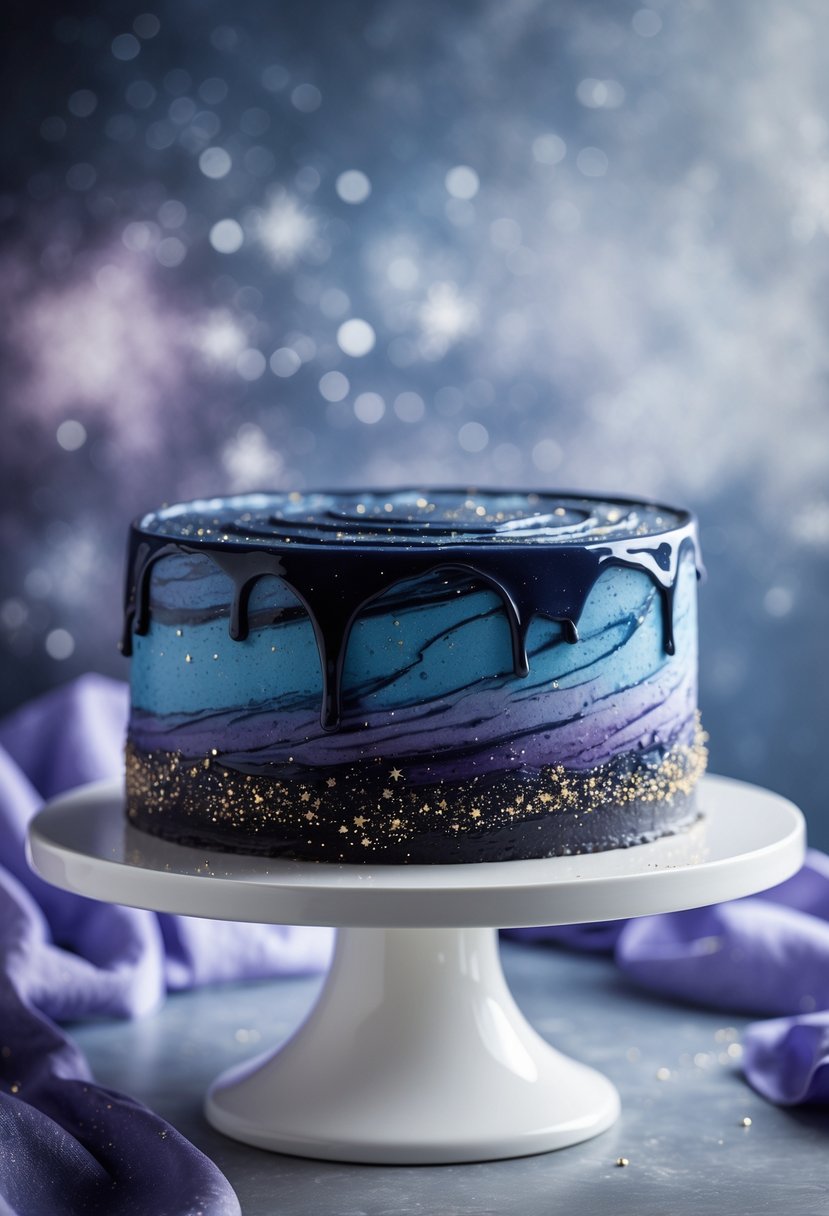 A glossy galaxy-themed cake with swirling blue, purple, and black colors and star-like specks on a white cake stand.