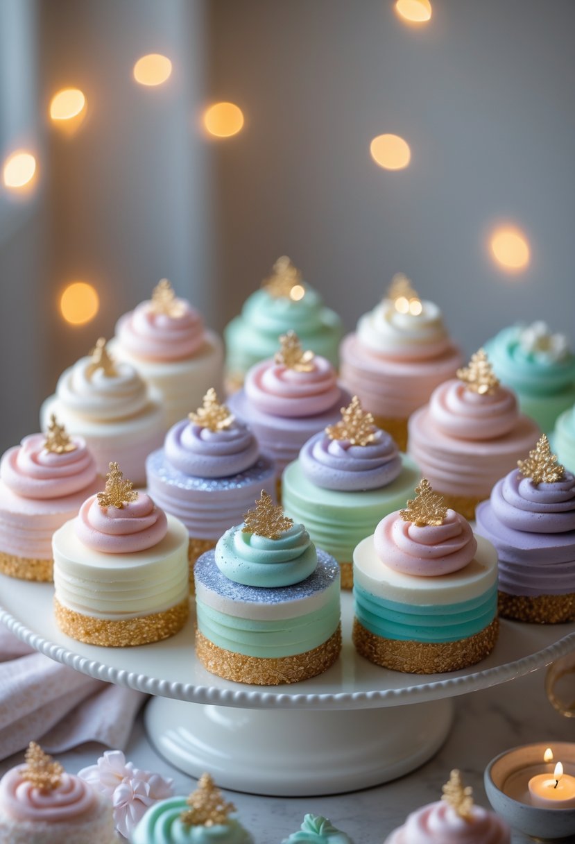 A platter of pastel-colored fairy cakes with shimmering glitter on top arranged on a table.