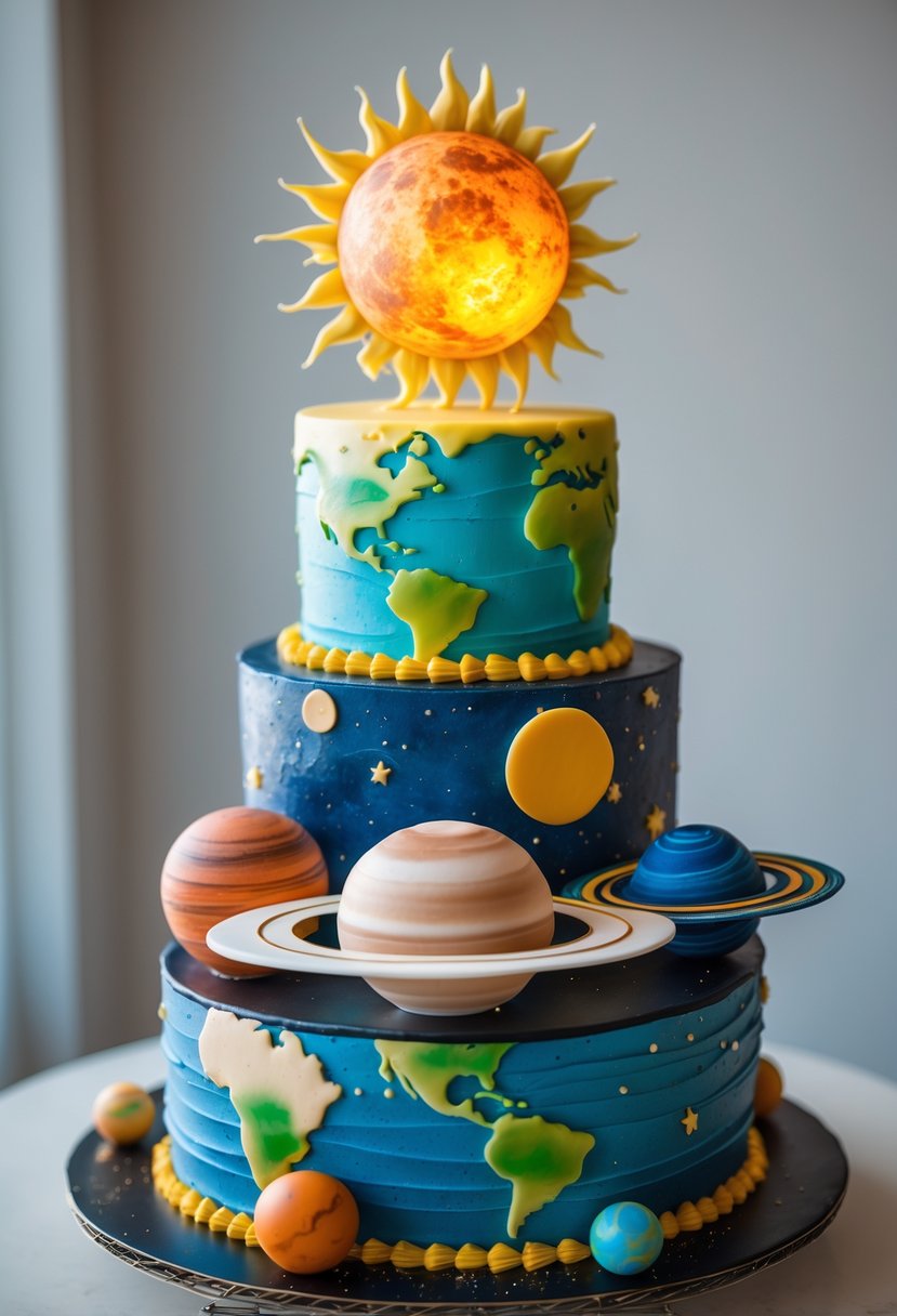 A multi-layered cake decorated to look like the solar system with planets and a glowing sun on top.