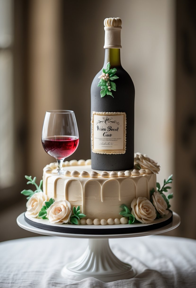 A cake shaped like a wine bottle and a wine glass on a white cake stand with floral decorations.