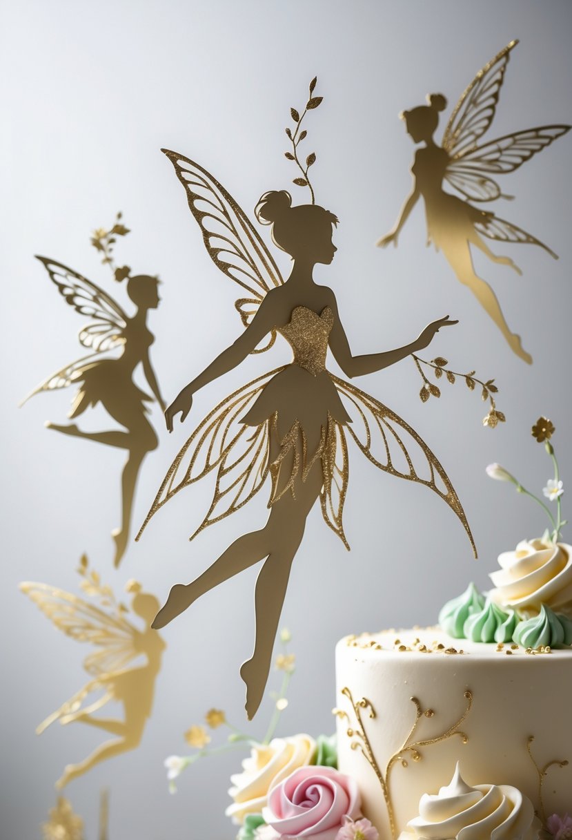 Hand-painted fairy silhouettes with gold accents arranged with cake design elements on a soft background.