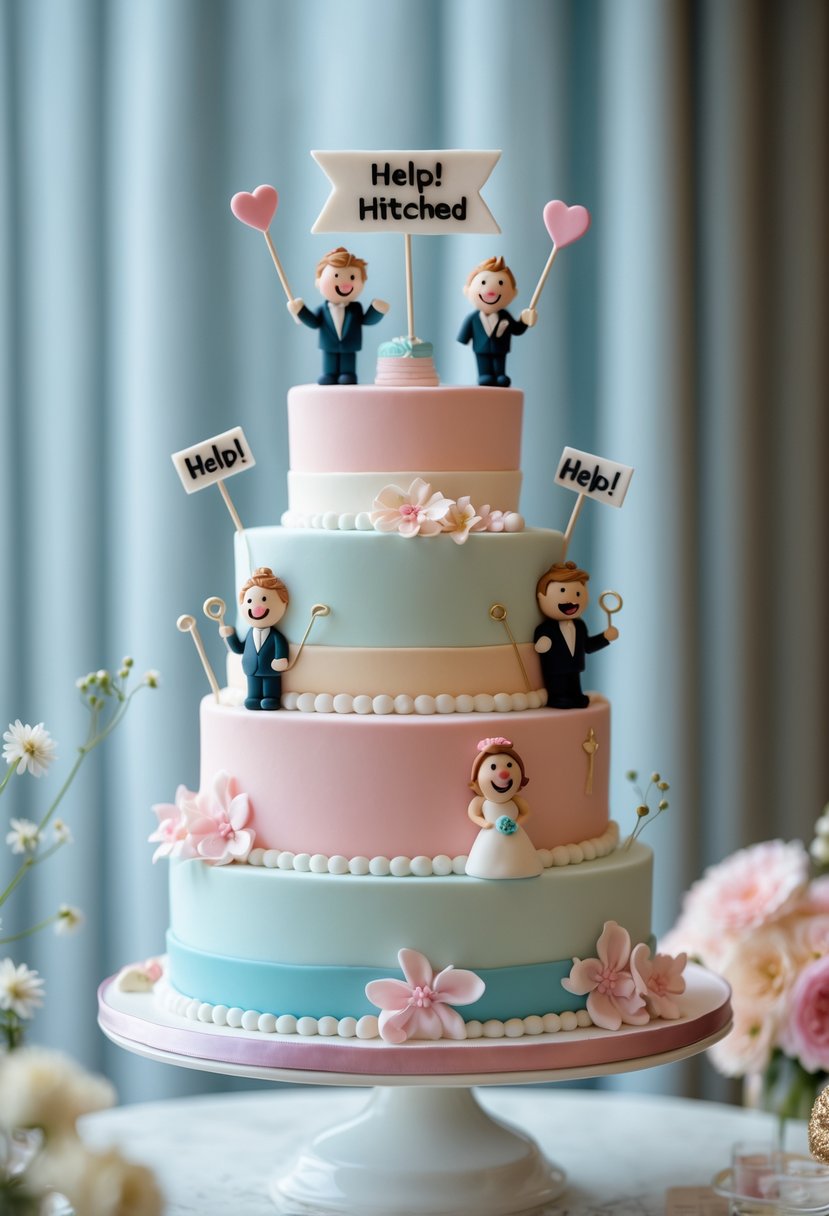 A multi-tiered bridal shower cake decorated with playful bride and groom figures and small wedding-themed decorations on a table with flowers.