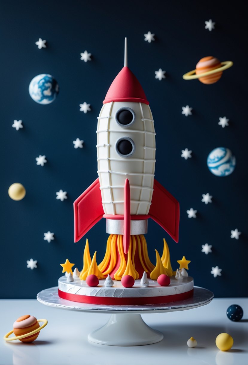 A detailed rocket ship cake decorated with colorful icing and space-themed edible decorations on a white surface.