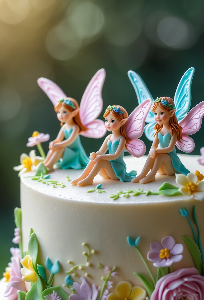 Close-up of a decorated cake with small fondant fairies sitting on its edges.