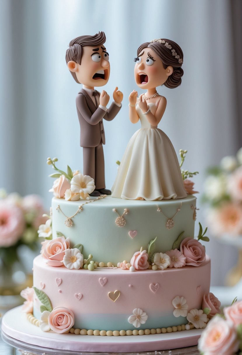 A decorated bridal shower cake topped with a cartoon couple figurine playfully arguing.