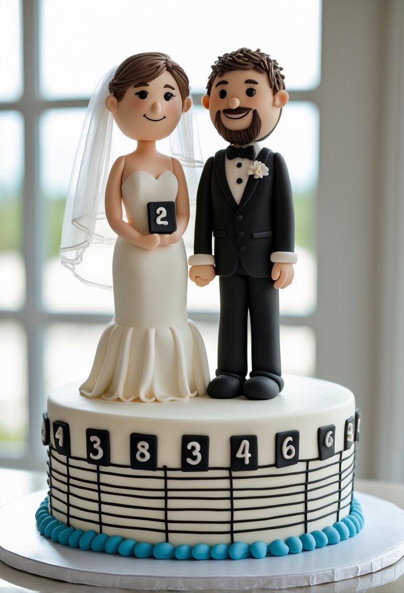 A wedding cake featuring fondant figures of a bride and groom posed like mugshots with a police lineup background.