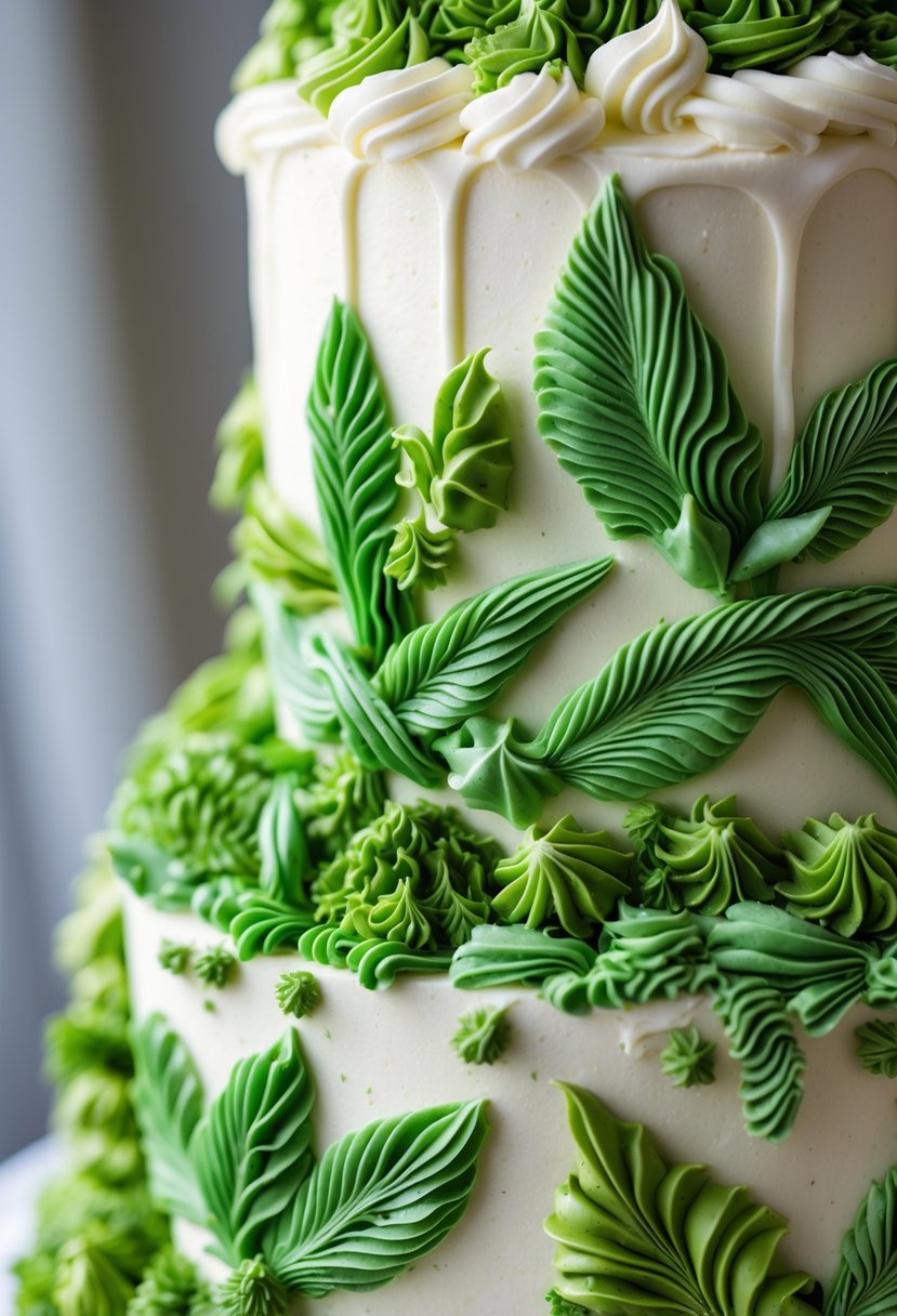 Close-up of a cake decorated with detailed moss and leaf designs made from piped icing.