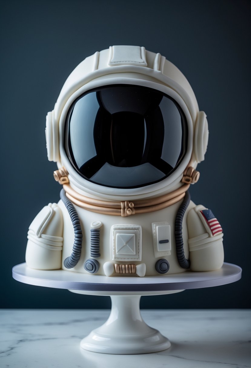 A detailed cake shaped like an astronaut helmet displayed on a white surface with a dark blue and black background.
