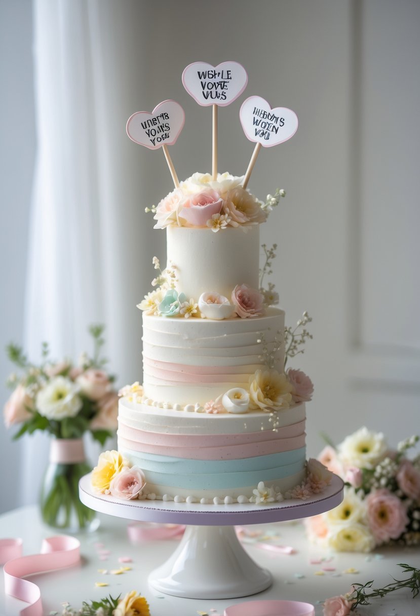 A multi-tiered bridal shower cake decorated with flowers and playful toppers on a festive table.