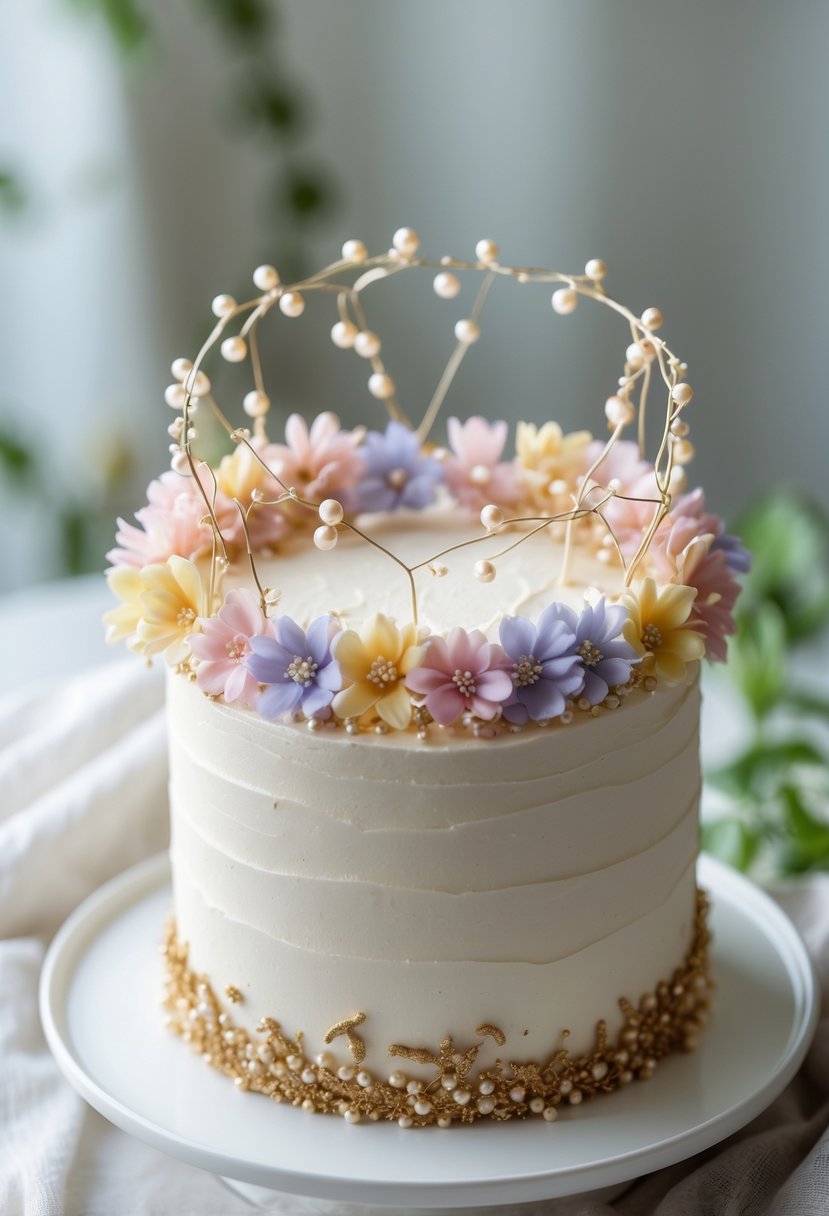 A close-up of a decorated cake topped with a flower crown made of edible flowers and pearls on a white plate.