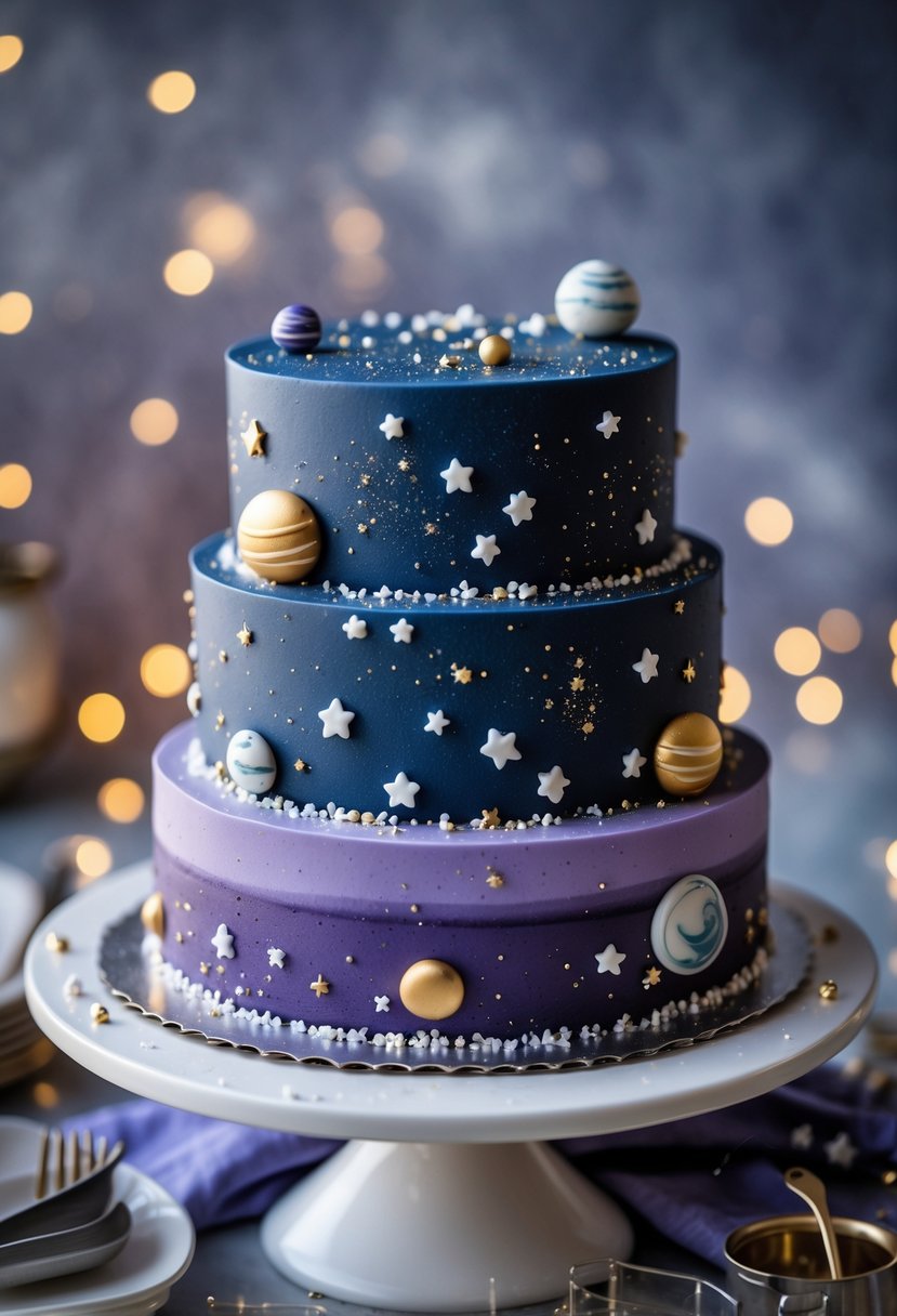 A multi-layered cake decorated with dark blue and purple frosting, sprinkled with small silver and gold stars and edible planets, resembling a star cluster.