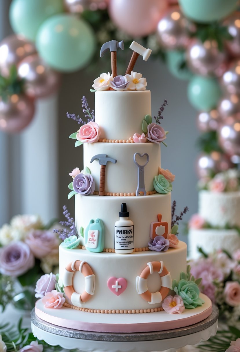 A multi-tiered white cake decorated with small fondant tools and pastel flowers, displayed on a table with bridal shower decorations in the background.